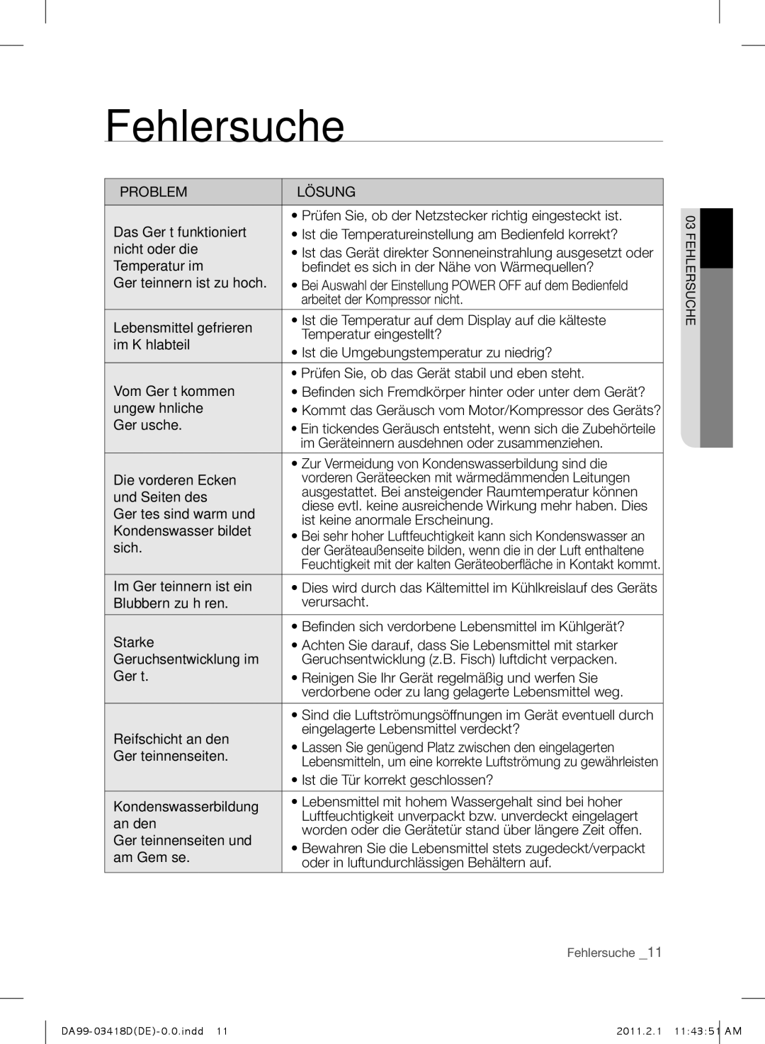 Samsung RL27TDFSW1/XEF manual Fehlersuche 