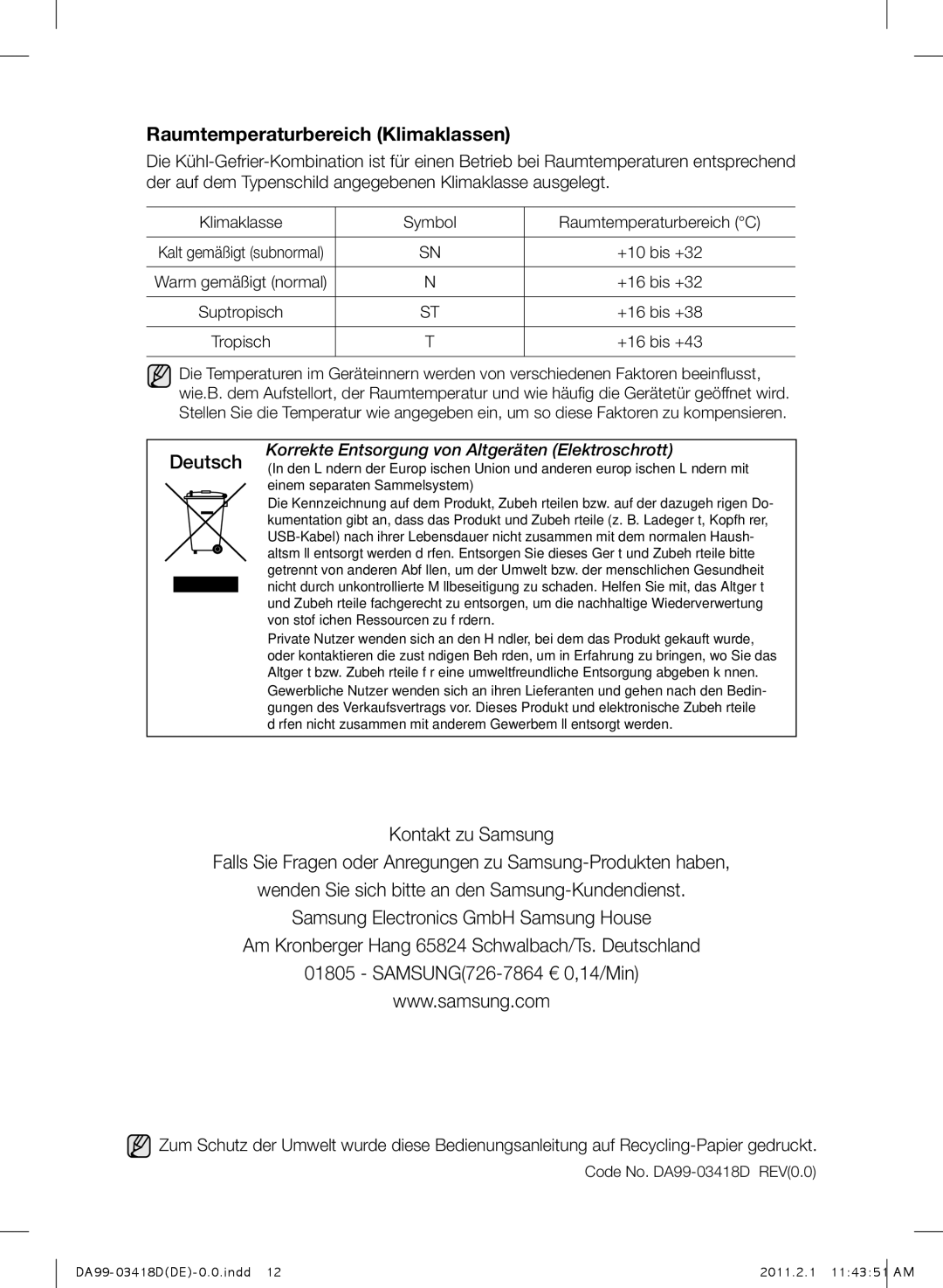 Samsung RL27TDFSW1/XEF manual Raumtemperaturbereich Klimaklassen 