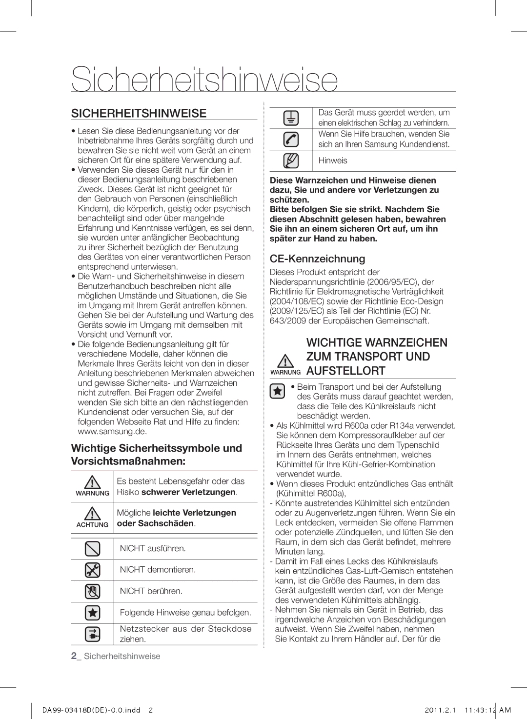 Samsung RL27TDFSW1/XEF manual Sicherheitshinweise, Wichtige Warnzeichen zum Transport und Warnung Aufstellort 