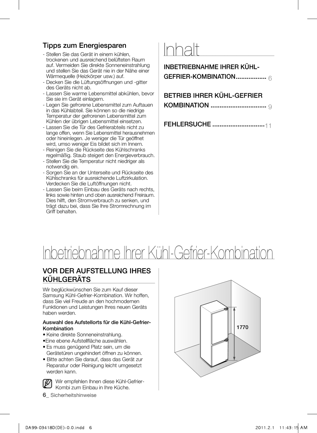 Samsung RL27TDFSW1/XEF manual Tipps zum Energiesparen, VOR DER Aufstellung Ihres Kühlgeräts 