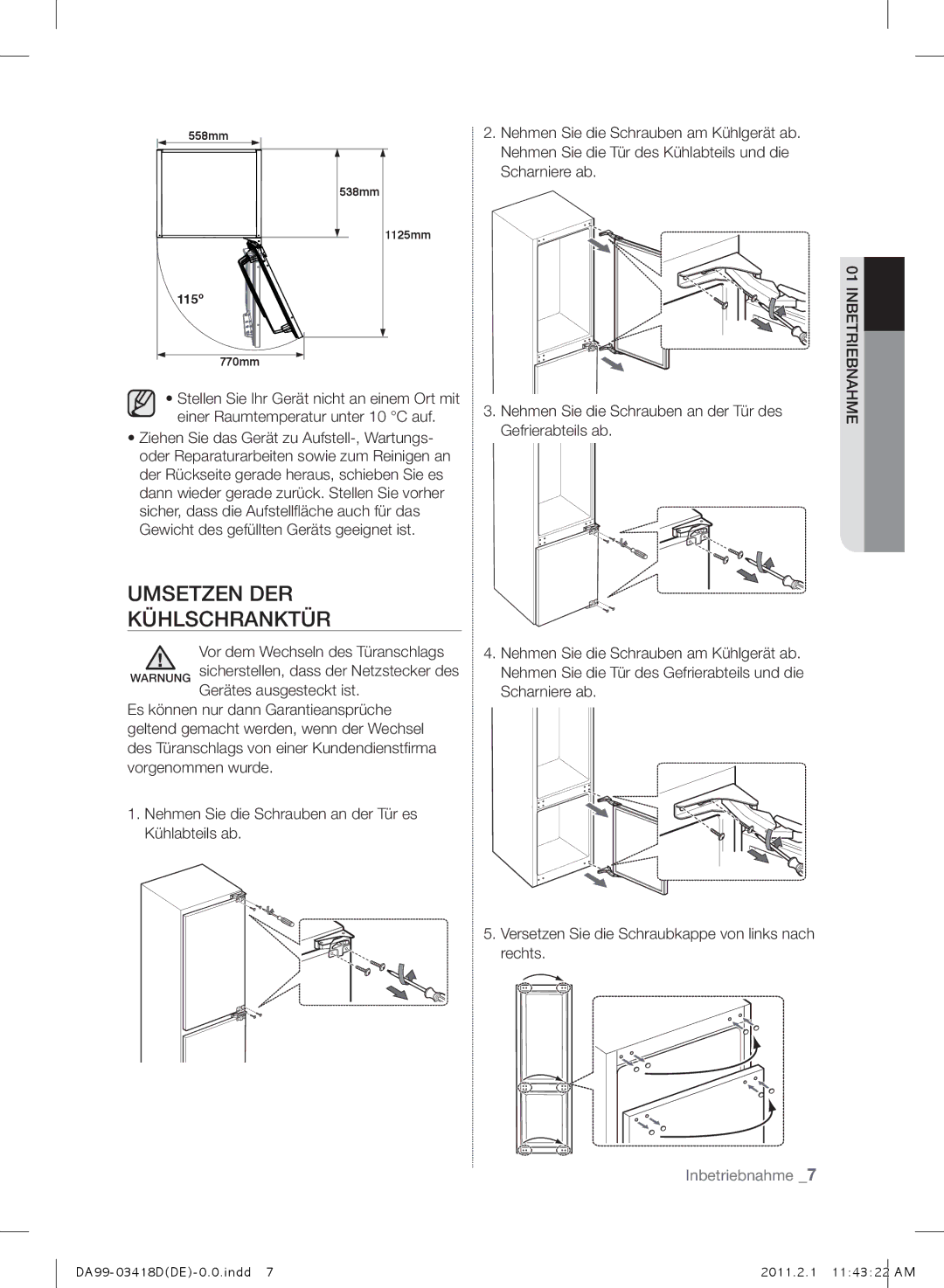 Samsung RL27TDFSW1/XEF manual Umsetzen DER Kühlschranktür, Inbetriebnahme 