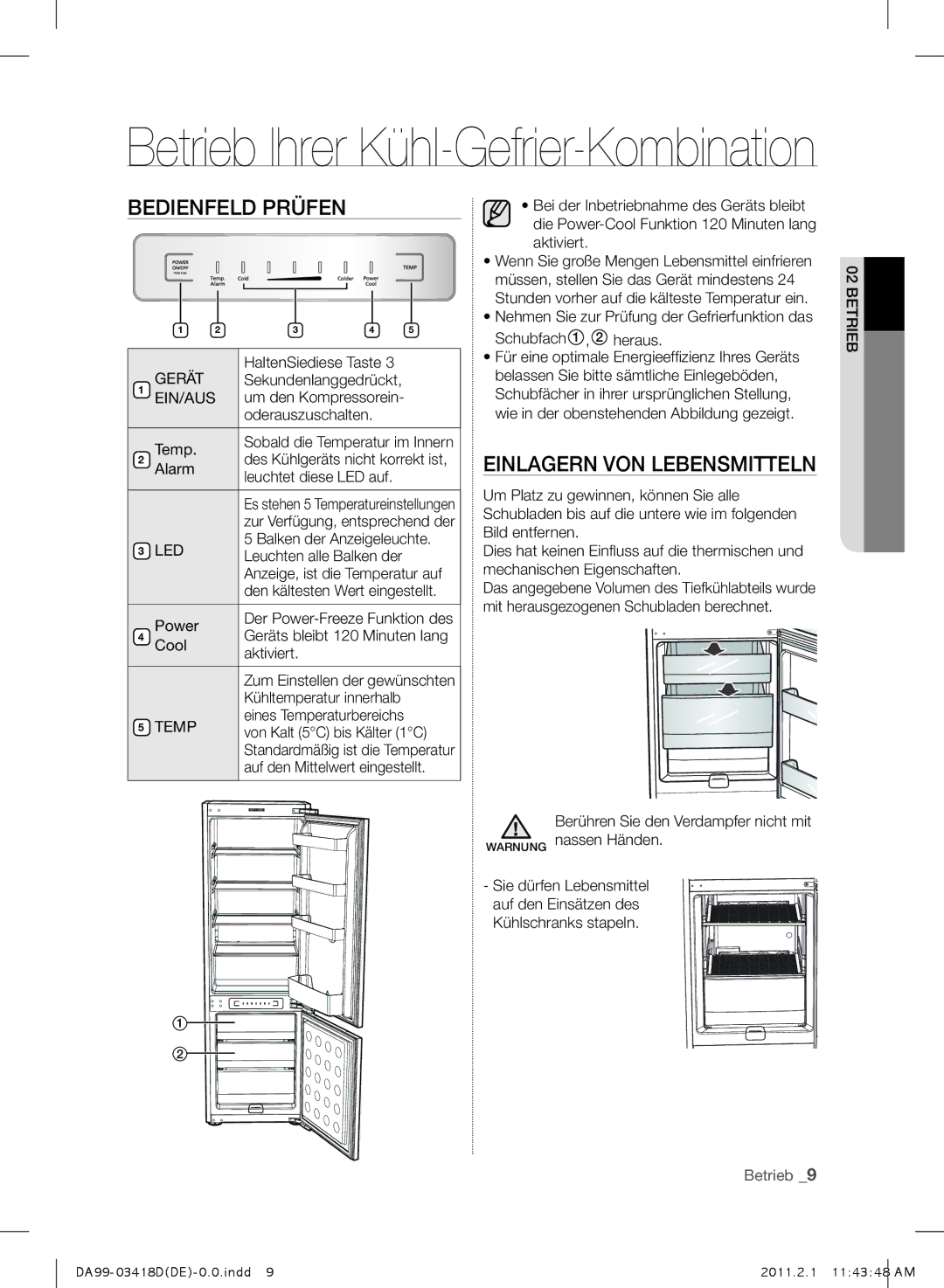 Samsung RL27TDFSW1/XEF manual Bedienfeld Prüfen, Einlagern VON Lebensmitteln 