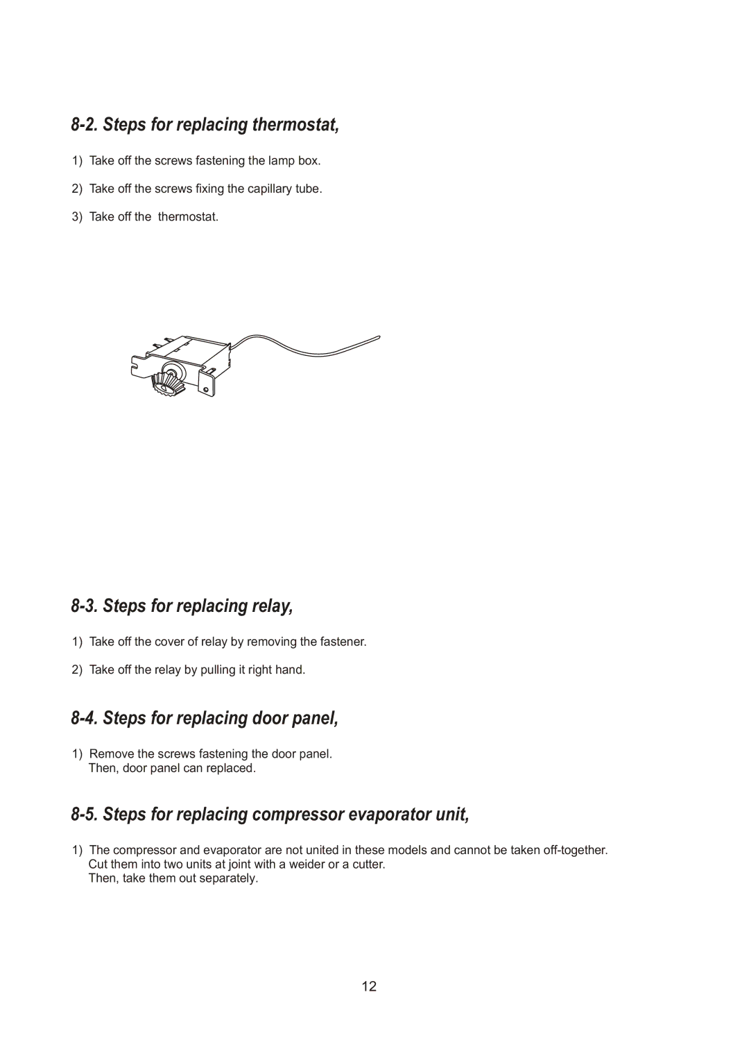 Samsung RL25DATS1/XEK manual Steps for replacing thermostat, Steps for replacing relay, Steps for replacing door panel 