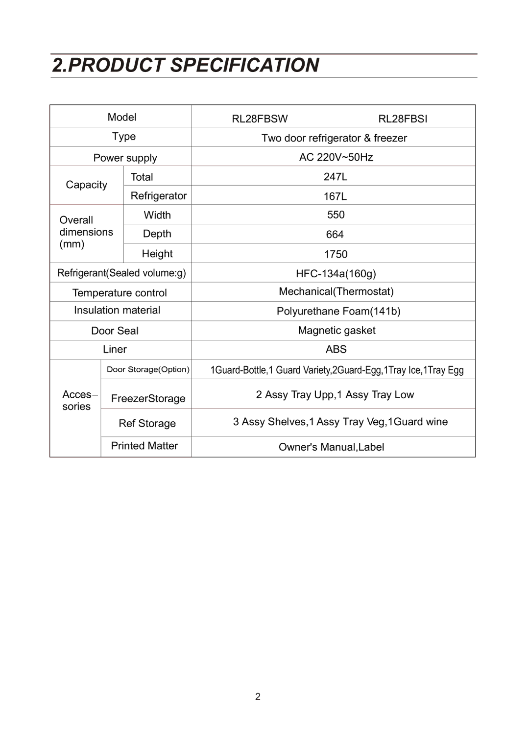 Samsung RL25DATS1/XEK, RL28DATS1/XEK, RL28DBSI1/XEK, RL28DBSW1/XEK, RL23DATS1/XEK Product Specification, RL28FBSW RL28FBSI 