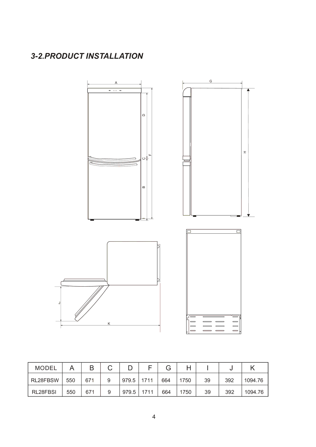 Samsung RL28DATW1/XEK, RL28DATS1/XEK, RL28DBSI1/XEK, RL28DBSW1/XEK, RL25DATS1/XEK, RL23DATS1/XEK manual Product Installation 