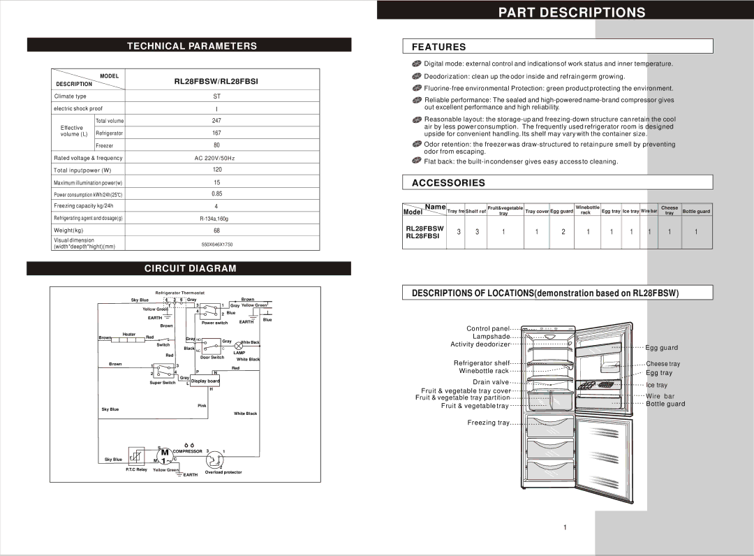 Samsung RL28FBSW, RL28FBSI instruction manual Part Descriptions, Features, Accessories, ~ C 