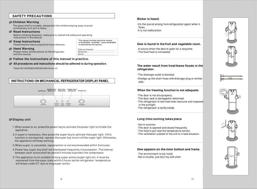 Samsung RL28FBSW1/BWT, RL28FBSW1/BUS manual Safety Precautions, Instructions on Mechanical Refrigerator Display Panel 