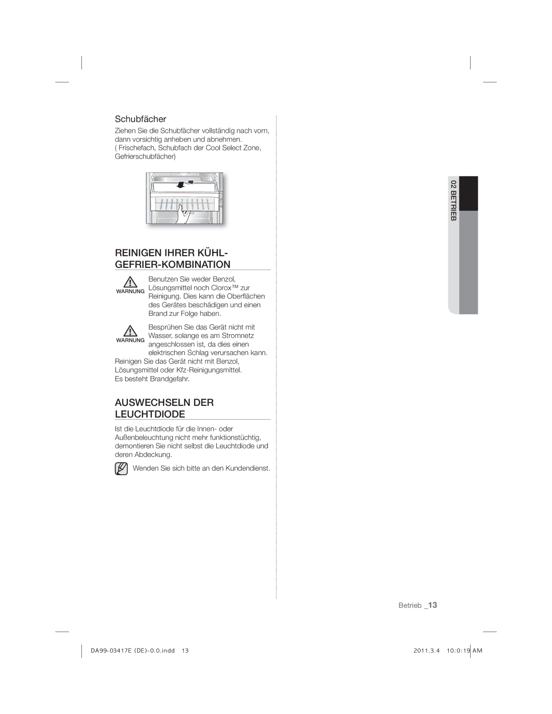 Samsung RL43THCTS1/XEG, RL29THCSW1/XEO Reinigen Ihrer Kühl GEFRIER-KOMBINATION, Auswechseln DER Leuchtdiode, Schubfächer 