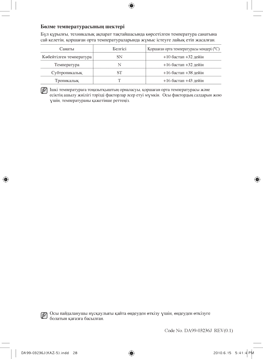 Samsung RL43THCSW1/BWT, RL29THCSW1/XEO, RL43THCTS1/XEO, RL43THCSW1/XEO, RL23THCTS1/XEO manual Бөлме температурасының шектері 