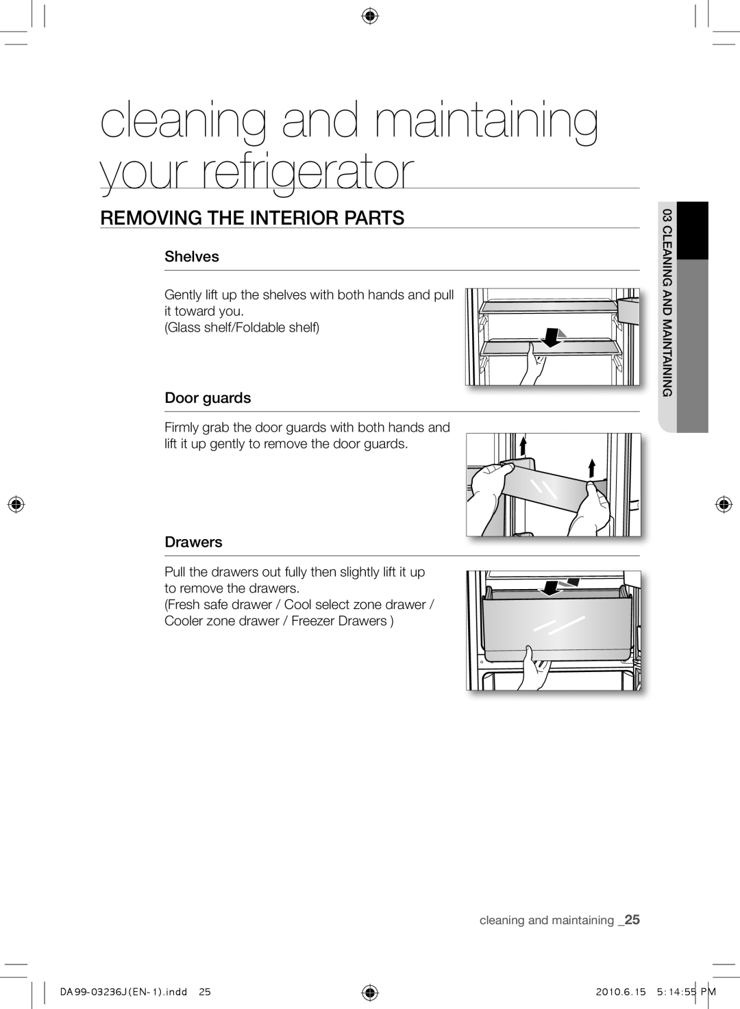 Samsung RL43THCSW1/BWT, RL29THCSW1/XEO, RL43THCTS1/XEO manual Removing the Interior Parts, Shelves, Door guards, Drawers 