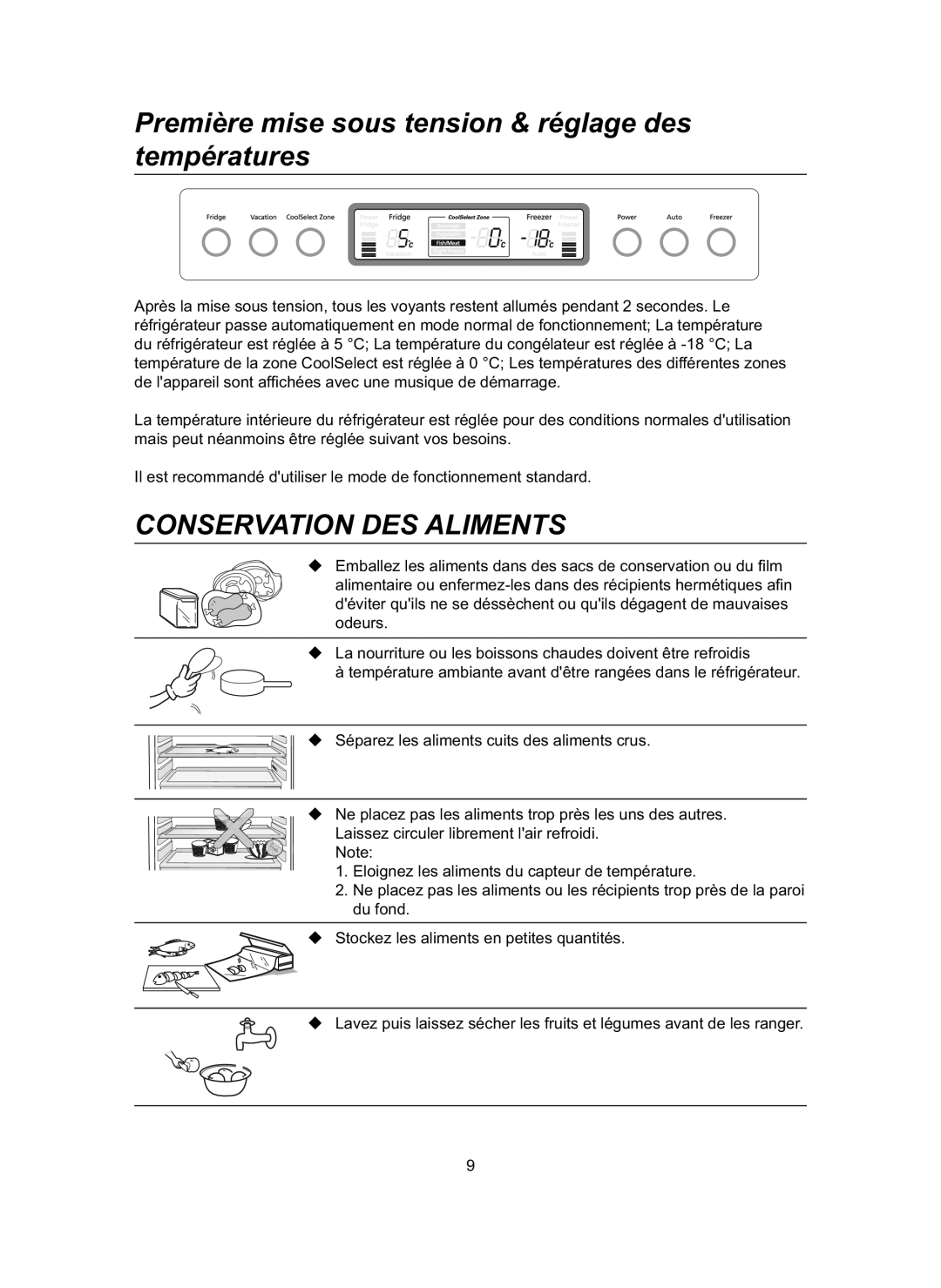 Samsung RL31DAVS1/BUL manual Première mise sous tension & réglage des températures, Conservation DES Aliments 