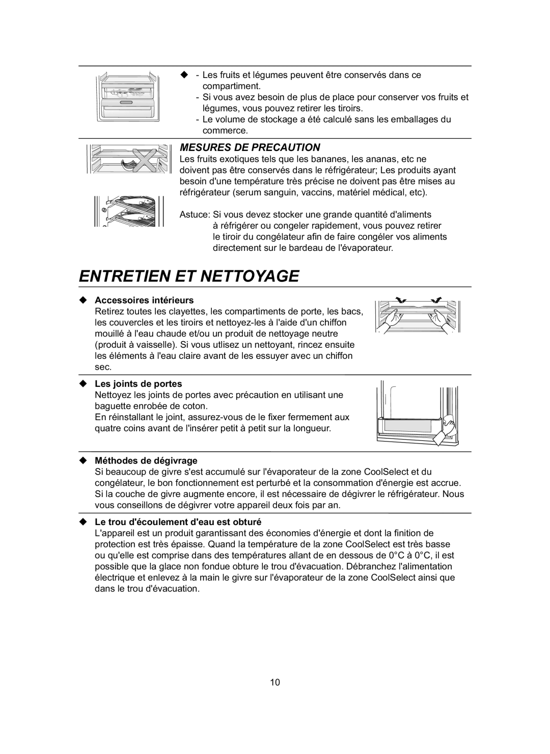 Samsung RL31DAVS1/BUL manual Entretien ET Nettoyage, Les joints de portes 