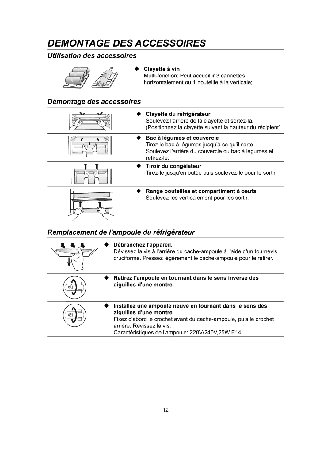 Samsung RL31DAVS1/BUL manual Demontage DES Accessoires, Utilisation des accessoires, Démontage des accessoires 