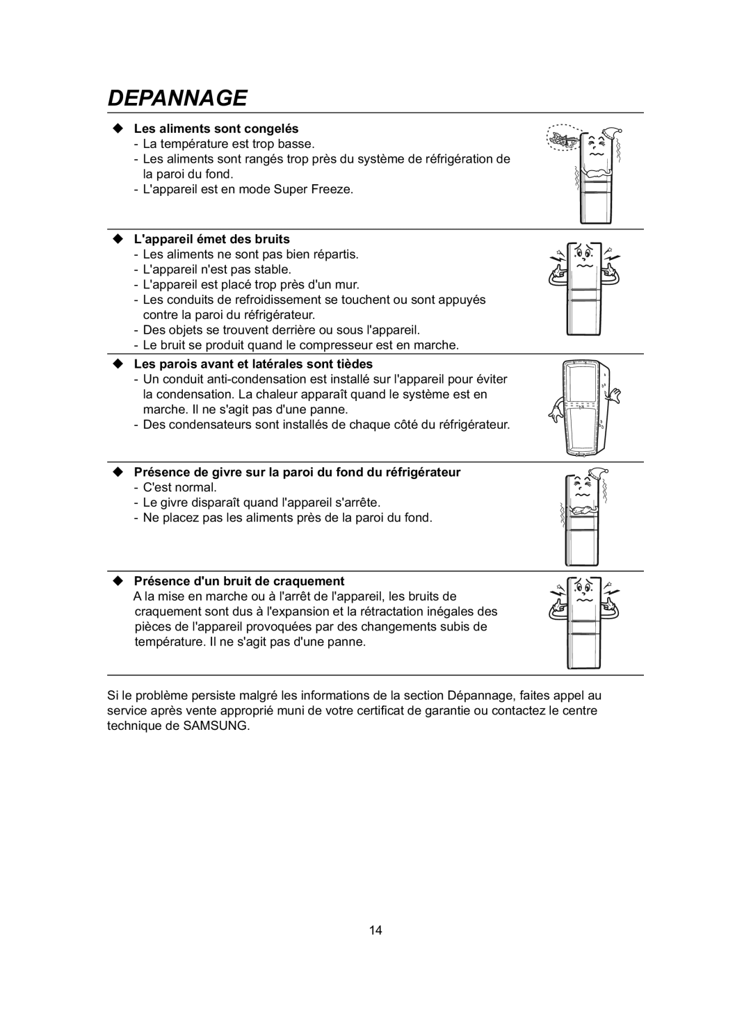 Samsung RL31DAVS1/BUL manual Les aliments sont congelés La température est trop basse 