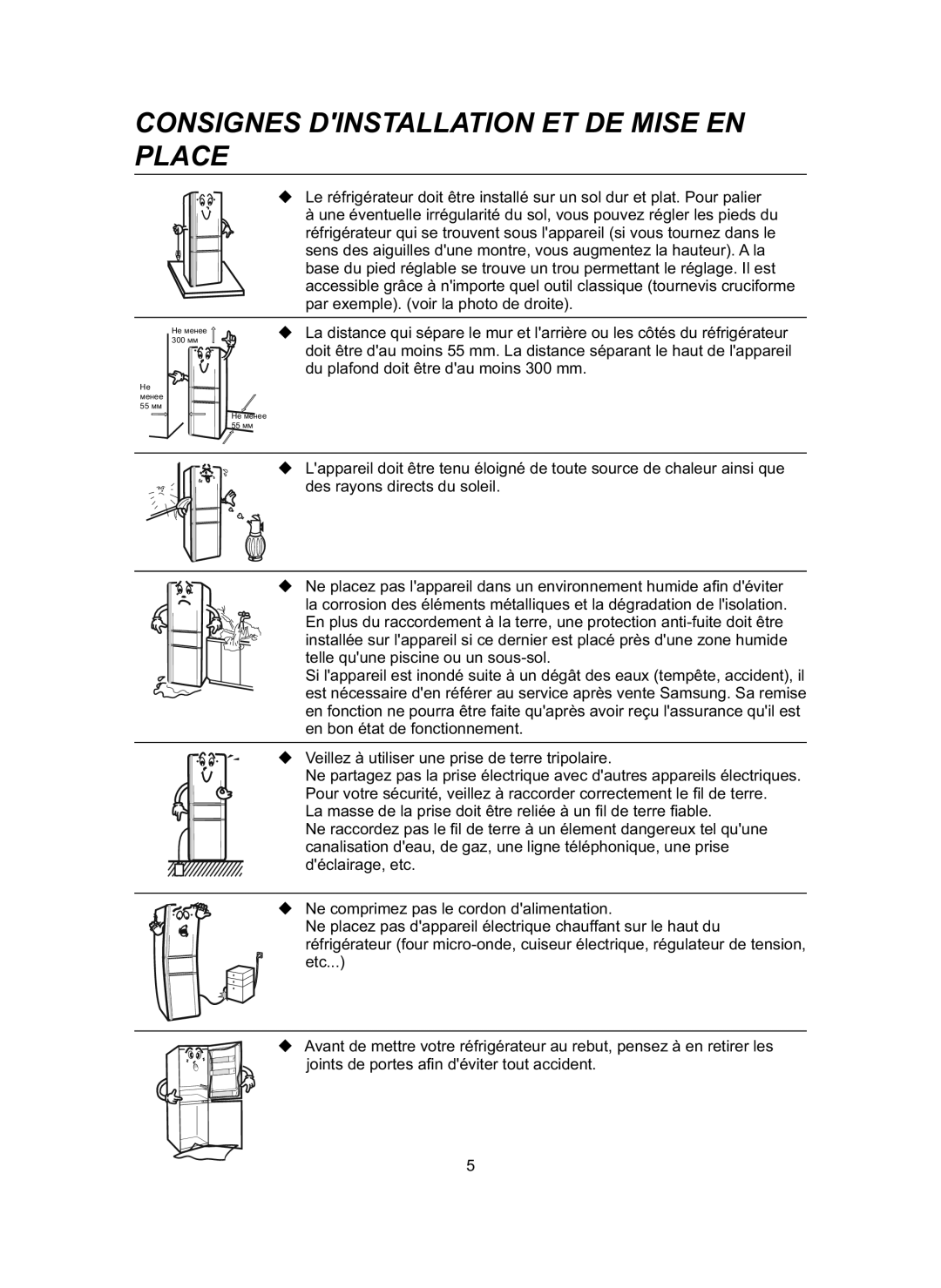 Samsung RL31DAVS1/BUL manual Consignes Dinstallation ET DE Mise EN Place 