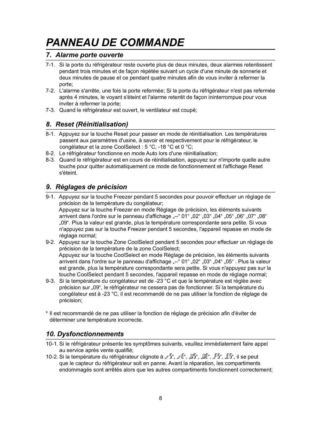 Samsung RL31DAVS1/BUL manual Alarme porte ouverte, Reset Réinitialisation, Réglages de précision, Dysfonctionnements 