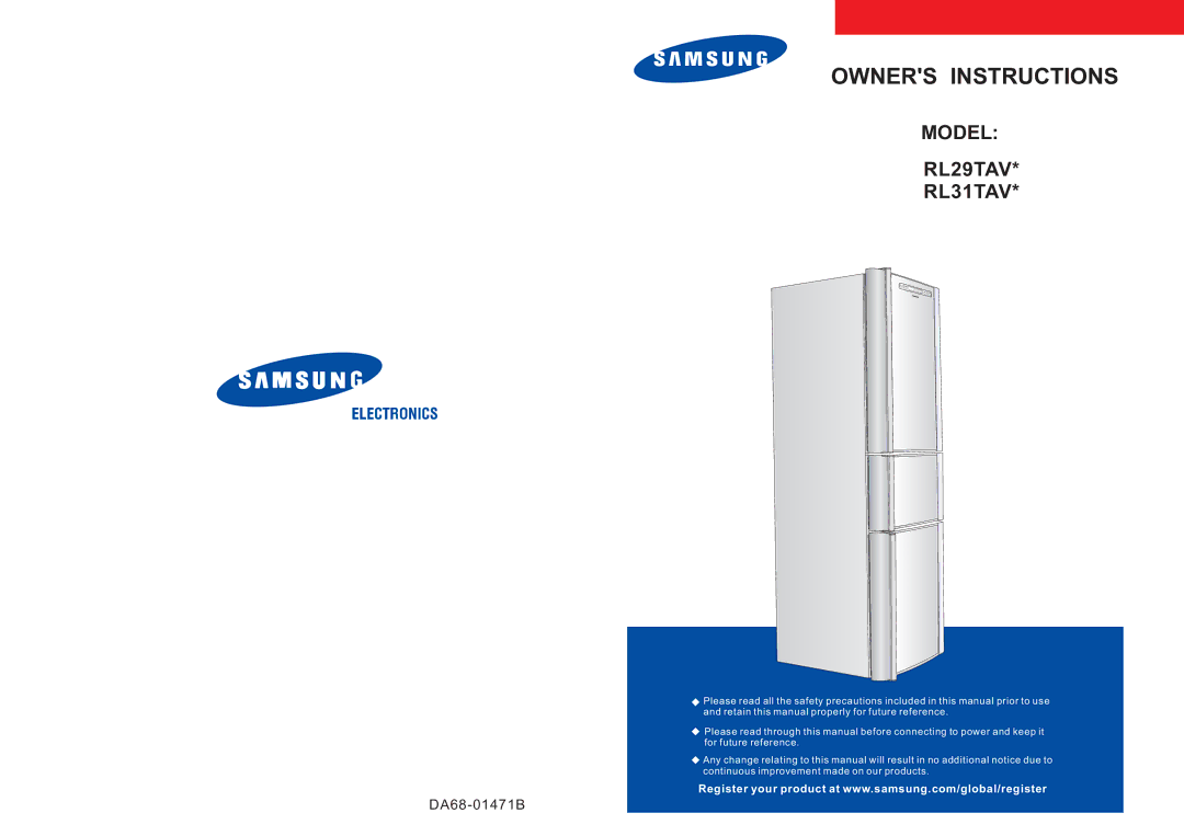 Samsung RL31TAVS1/XEH, RL31TAVS1/BUL, RL31TAVS1/XAG manual Owners Instructions, Model RL29TAV RL31TAV 