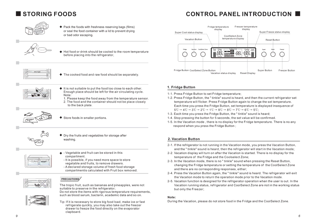 Samsung RL31TAVS1/XEH, RL31TAVS1/BUL manual Storing Foods, Control Panel Introduction, Fridge Button, Vacation Button 