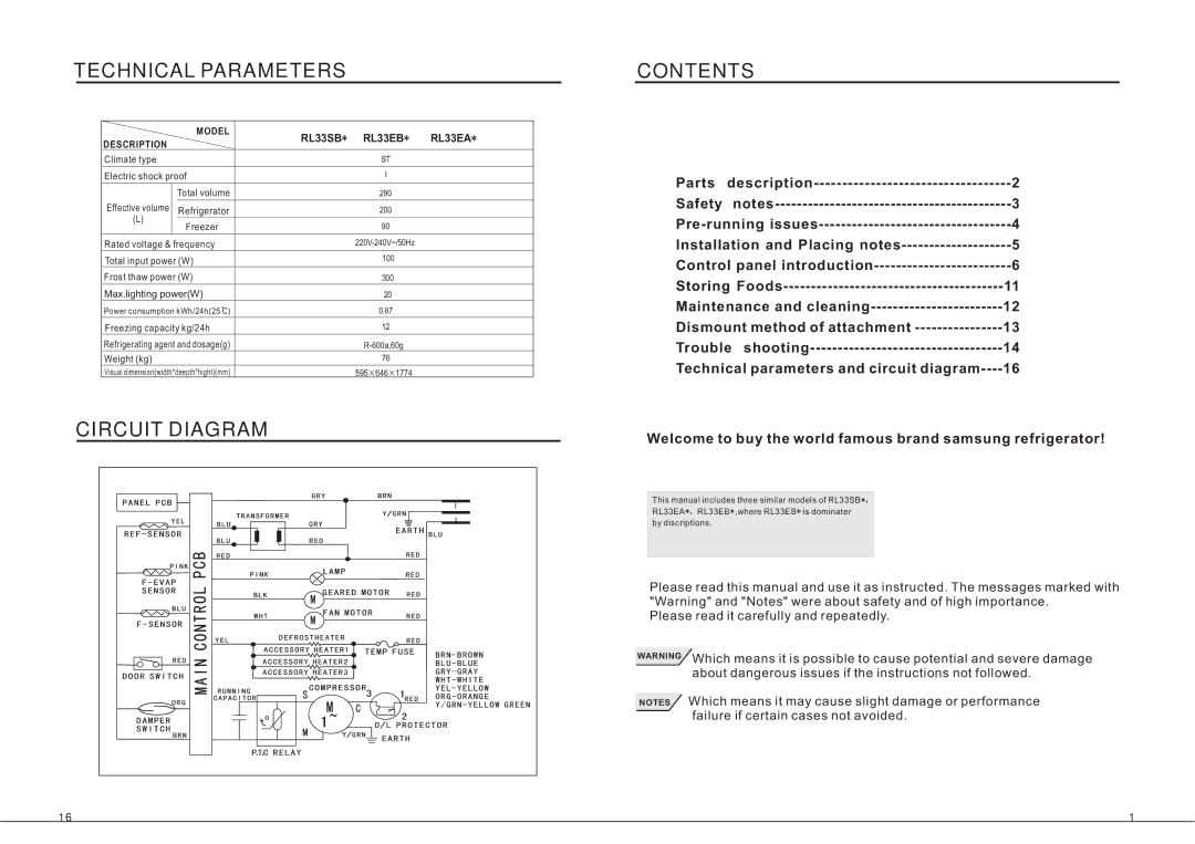 Samsung RL33EA, RL33SB, RL33EB instruction manual Technical Parameters, Circuit Diagram Contents 