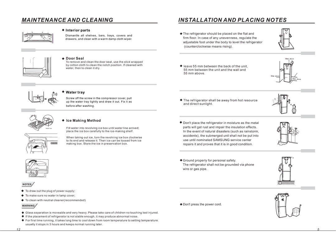 Samsung RL33SB, RL33EB, RL33EA Maintenance and Cleaning, Installation and Placing Notes, Door Seal, Ice Making Method 