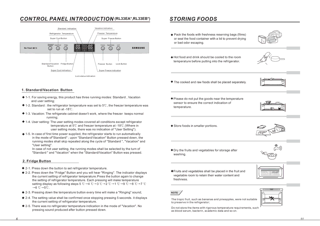 Samsung RL33SB Control Panel Introduction RL33EA*,RL33EB, Storing Foods, Standard/Vacation Button, Fridge Button 