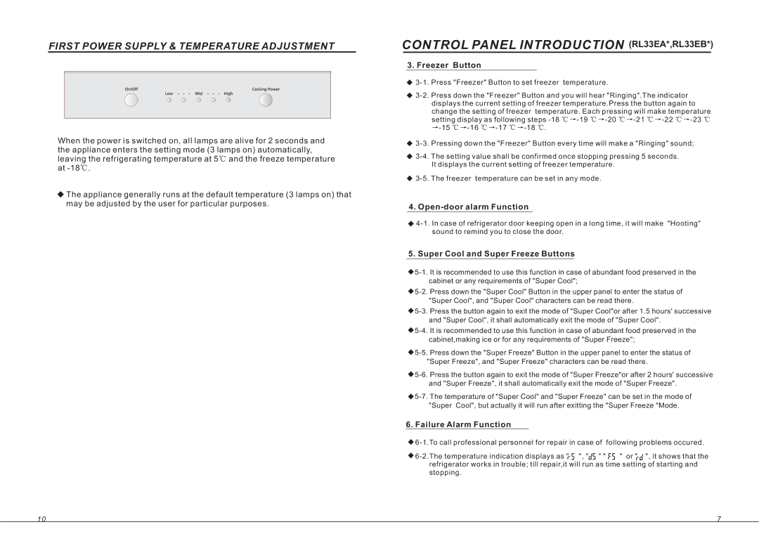Samsung RL33EA Freezer Button, Open-door alarm Function, Super Cool and Super Freeze Buttons, Failure Alarm Function 