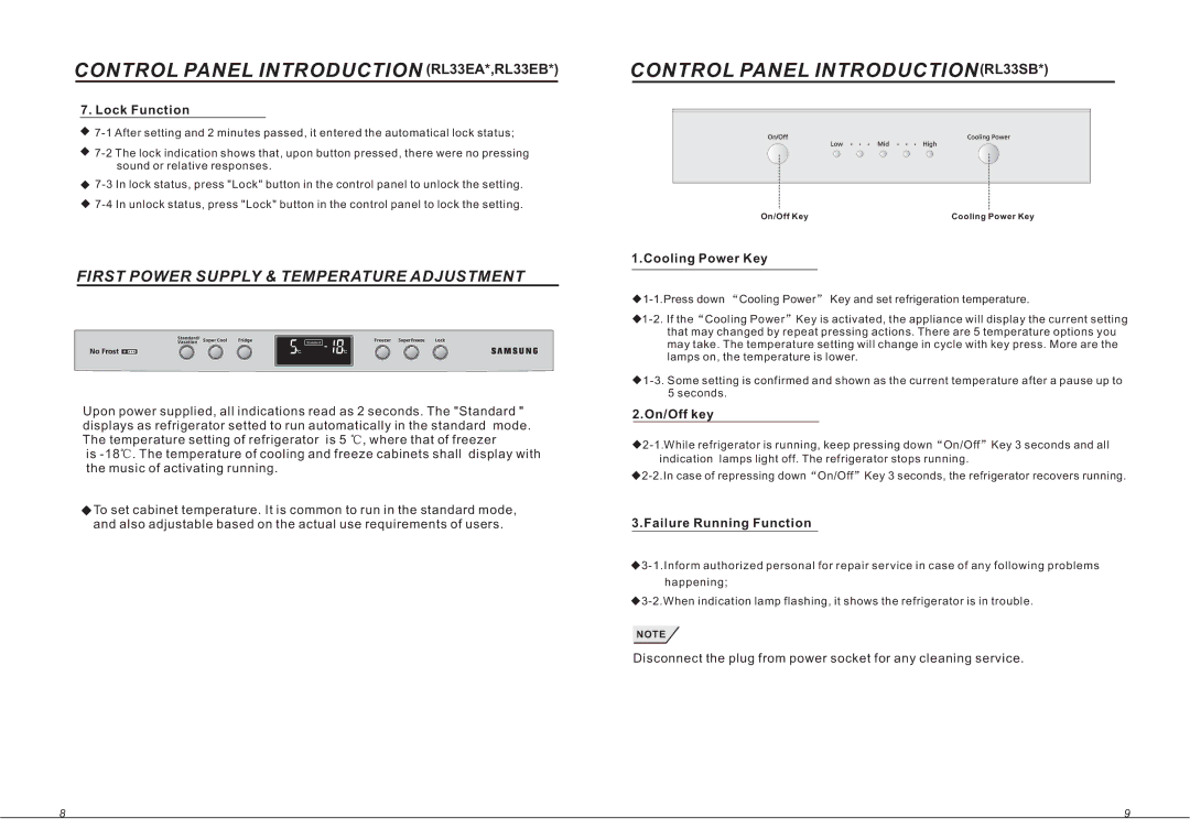 Samsung Control Panel INTRODUCTIONRL33SB, Lock Function, Cooling Power Key, On/Off key, Failure Running Function 