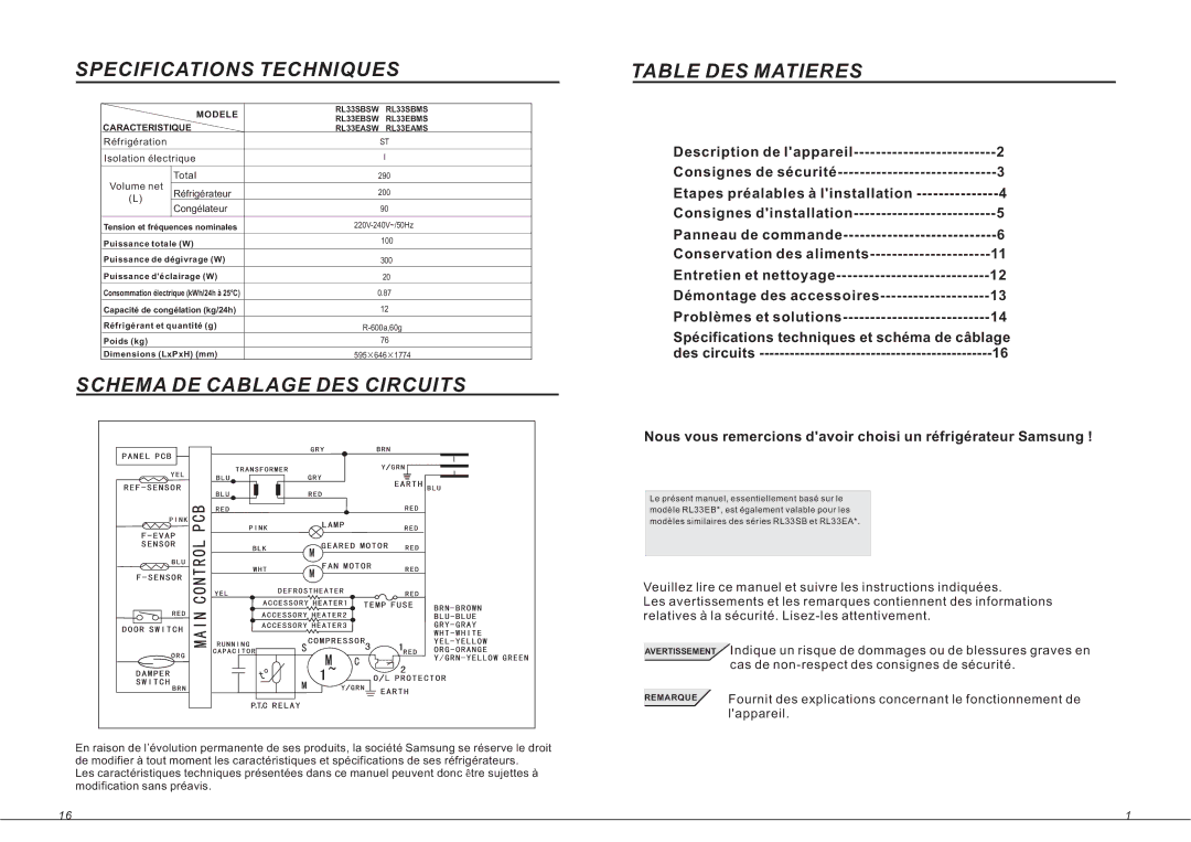 Samsung RL36EBSW1/XEF, RL33SBMS1/XEF manual Specifications Techniques, Schema DE Cablage DES Circuits, Table DES Matieres 