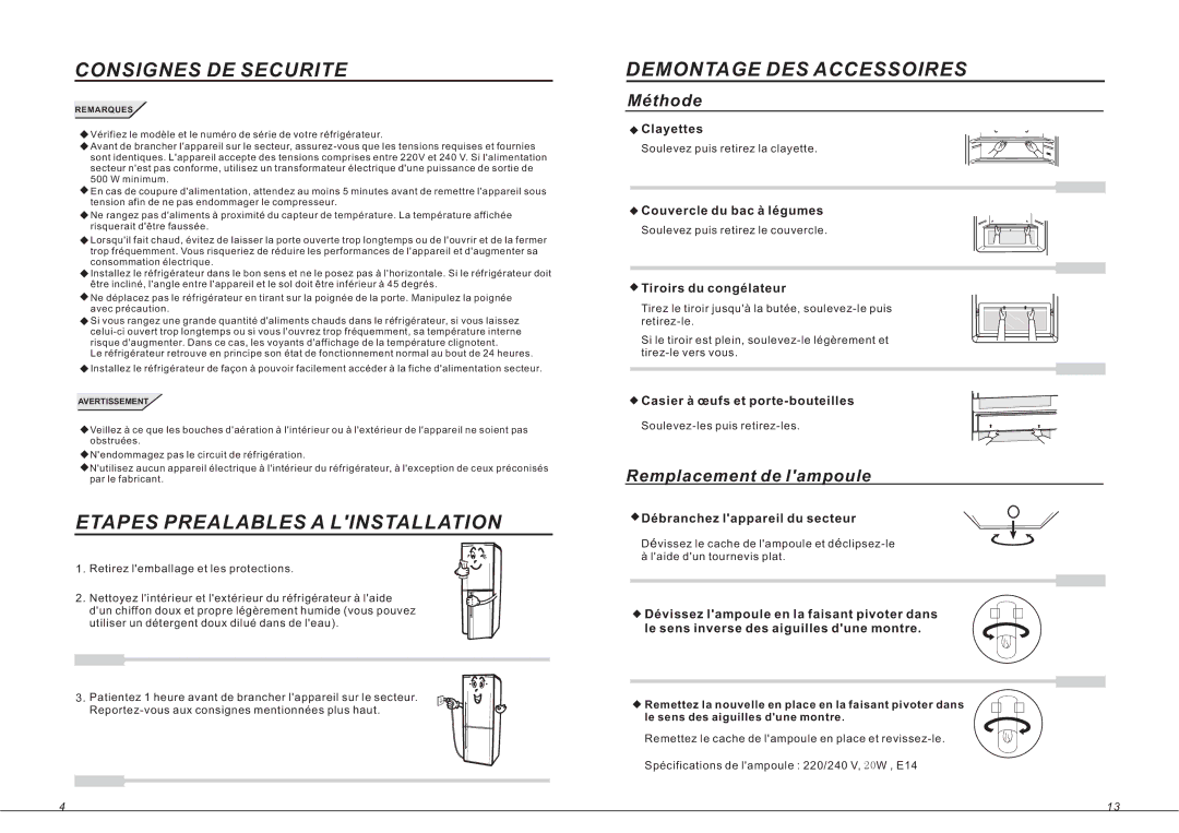 Samsung RL36EBSM1/XET, RL33SBMS1/XEF, RL33SBSW1/XEF manual Etapes Prealables a Linstallation, Demontage DES Accessoires 