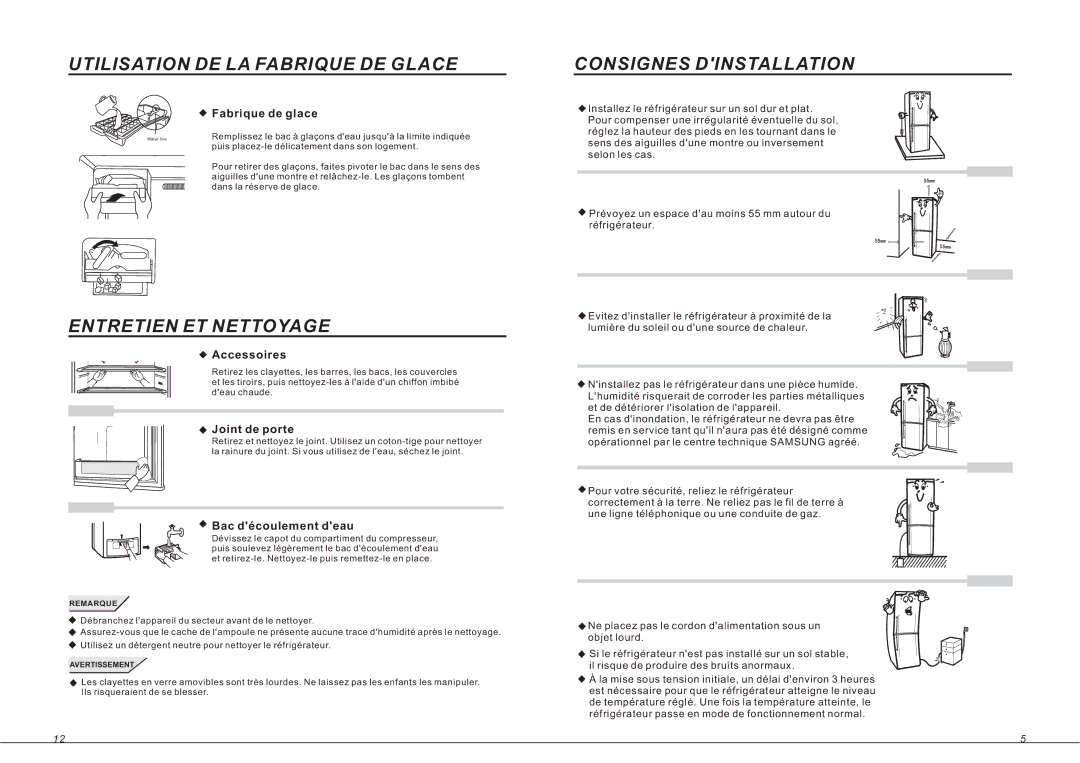 Samsung RL33SBMS1/XEF, RL33SBSW1/XEF Utilisation DE LA Fabrique DE Glace, Entretien ET Nettoyage, Consignes Dinstallation 