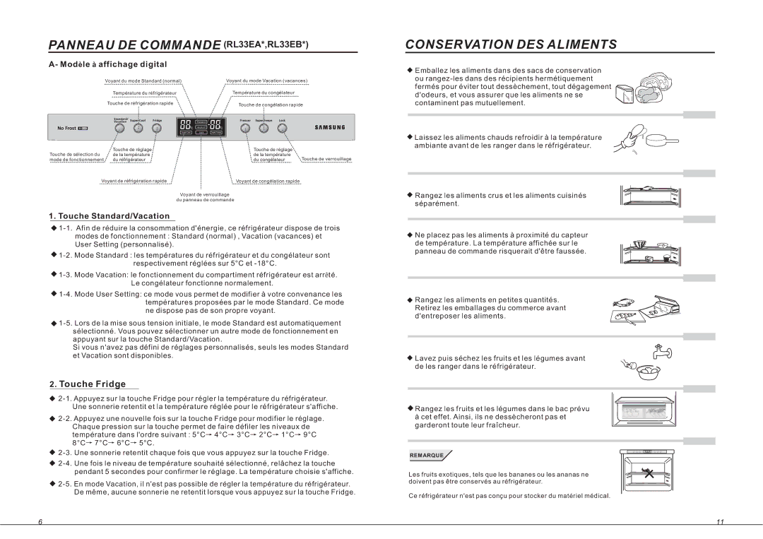 Samsung RL33SBSW1/XEF manual Panneau DE Commande RL33EA*,RL33EB, Conservation DES Aliments, Modèle à affichage digital 