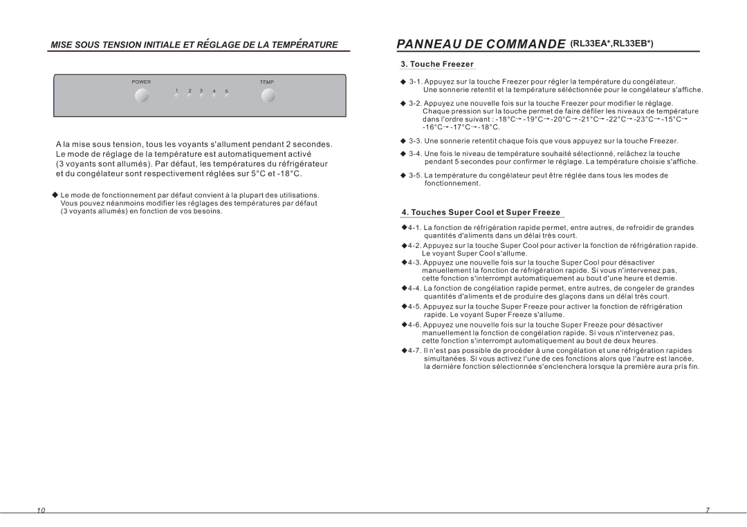 Samsung RL36EBSW1/XEF, RL33SBMS1/XEF, RL33SBSW1/XEF, RL33SBSW1/XEN manual Touche Freezer, Touches Super Cool et Super Freeze 