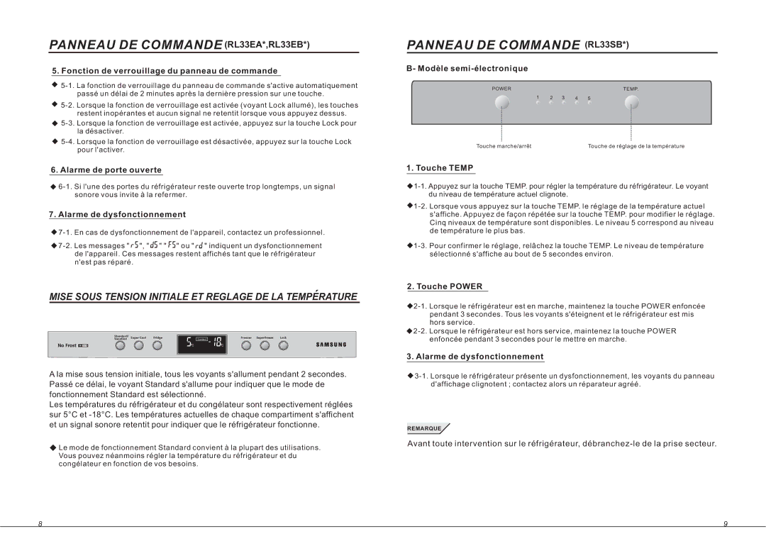 Samsung RL33SBSW1/XEN, RL33SBMS1/XEF, RL33SBSW1/XEF, RL36EBSW1/XEF, RL33EBSW1/XEF, RL36EBSM1/XET Panneau DE Commande RL33SB 