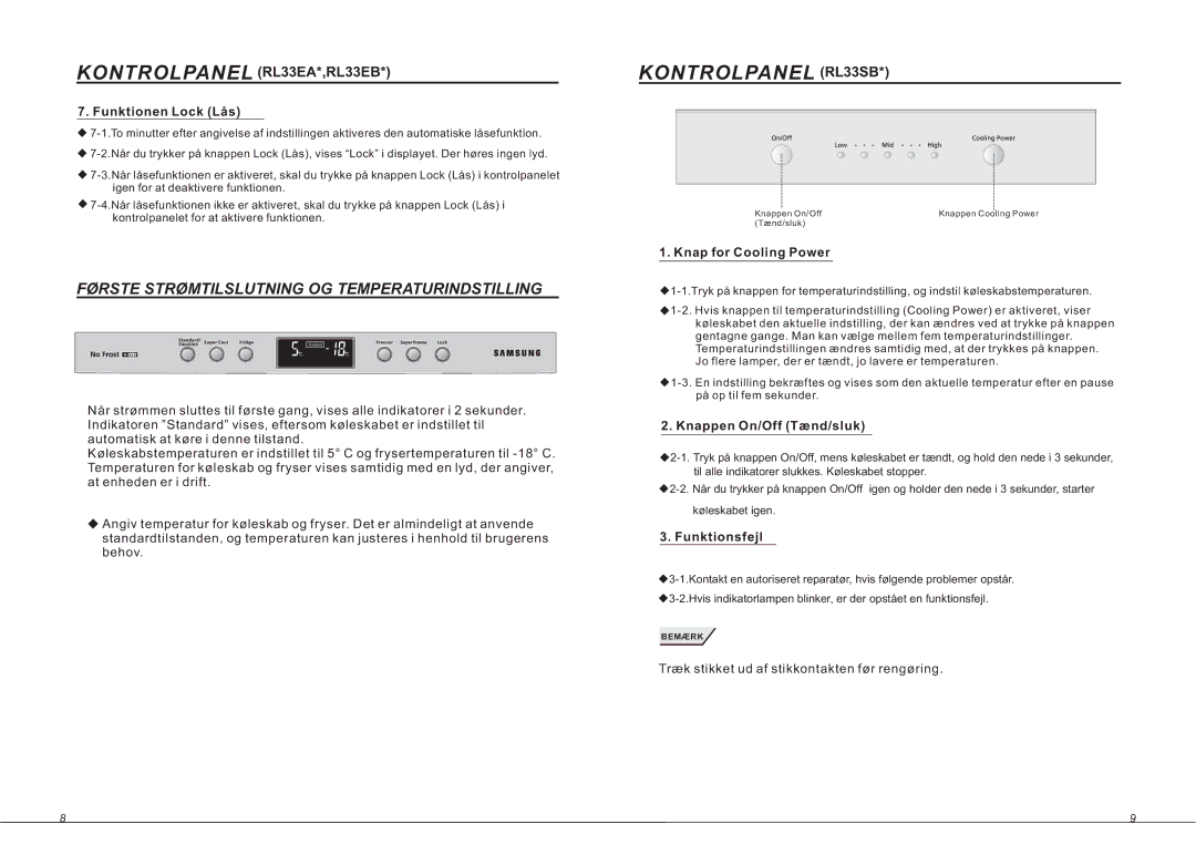Samsung RL36EBMS1/XEE manual Kontrolpanel RL33SB, Funktionen Lock Lås, Knap for Cooling Power, Knappen On/Off Tænd/sluk 
