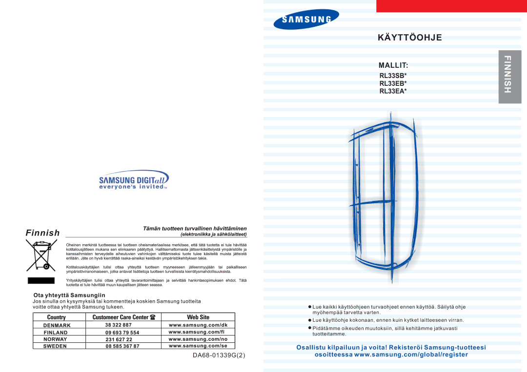 Samsung RL33SBMS1/XEG, RL33SBSW1/XEG, RL36EBSW1/XEE, RL36EBMS1/XEE, RL33SBMS1/XEE, RL33SBSW1/XEE manual Finnish 