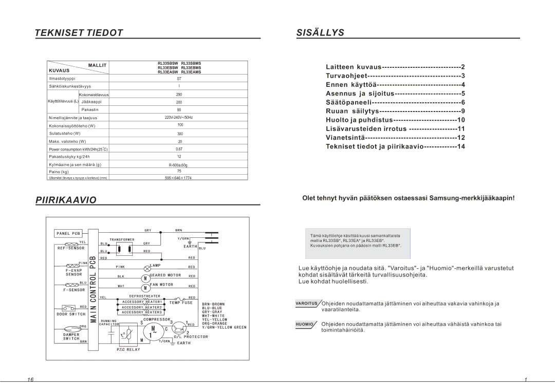 Samsung RL36EBSW1/XEE, RL33SBSW1/XEG, RL33SBMS1/XEG, RL36EBMS1/XEE, RL33SBMS1/XEE manual Tekniset Tiedot Sisällys, Piirikaavio 