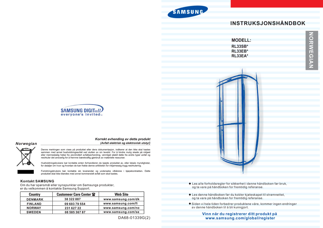 Samsung RL33SBMS1/XEG, RL33SBSW1/XEG, RL36EBSW1/XEE, RL36EBMS1/XEE, RL33SBMS1/XEE, RL33SBSW1/XEE manual Norwegian 