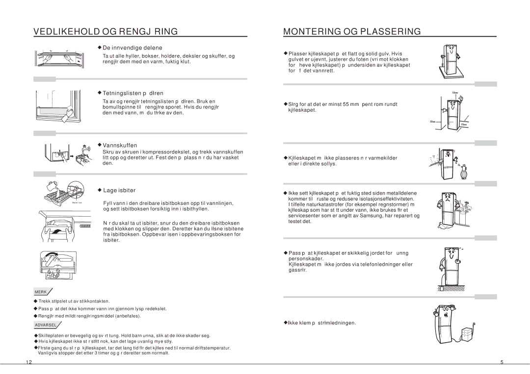 Samsung RL33SBSW1/XEG, RL33SBMS1/XEG, RL36EBSW1/XEE, RL36EBMS1/XEE manual Vedlikehold OG Rengjøring, Montering OG Plassering 