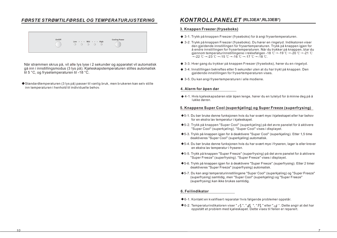 Samsung RL36EBSW1/XEE, RL33SBSW1/XEG, RL33SBMS1/XEG manual Knappen Freezer fryseboks, Alarm for åpen dør, Feilindikator 