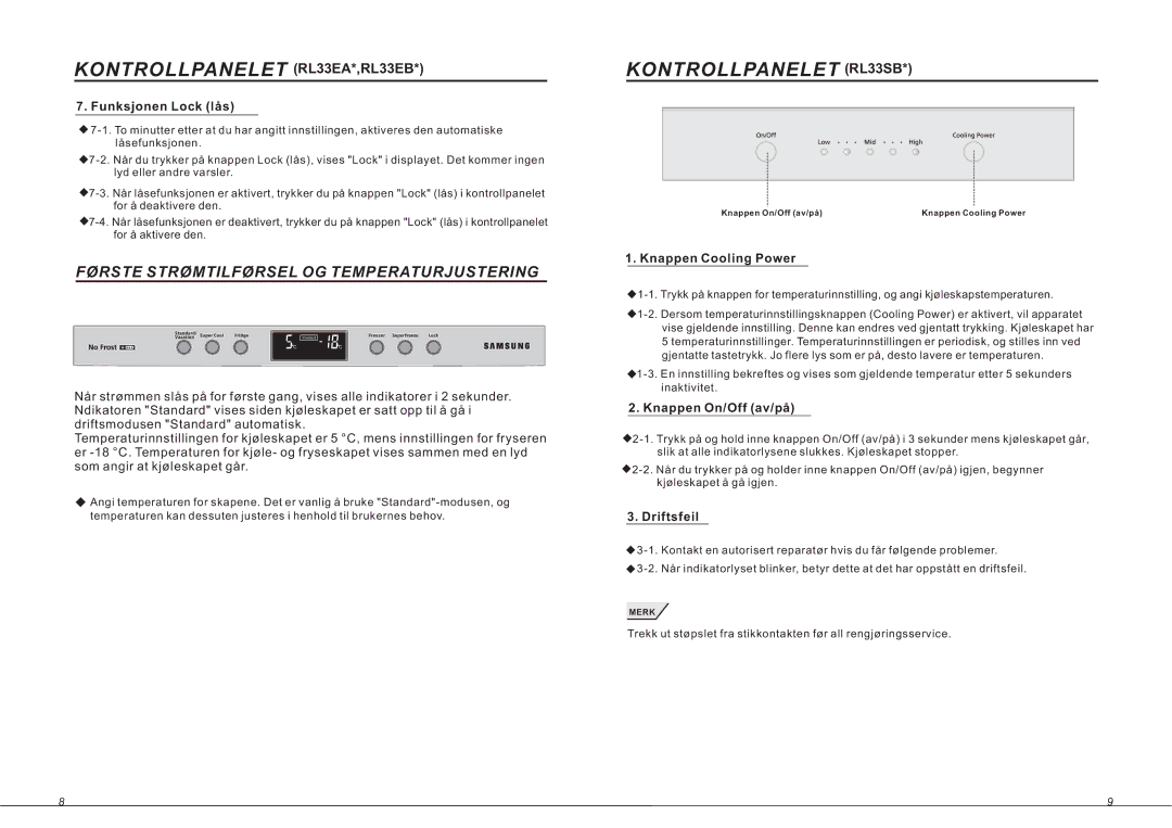 Samsung RL36EBMS1/XEE Kontrollpanelet RL33SB, Funksjonen Lock lås, Knappen Cooling Power, Knappen On/Off av/på, Driftsfeil 