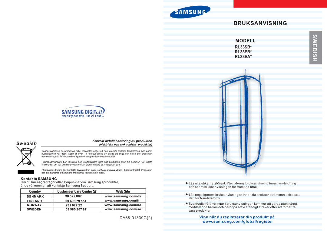 Samsung RL33SBMS1/XEG, RL33SBSW1/XEG, RL36EBSW1/XEE, RL36EBMS1/XEE, RL33SBMS1/XEE, RL33SBSW1/XEE manual Swedish 