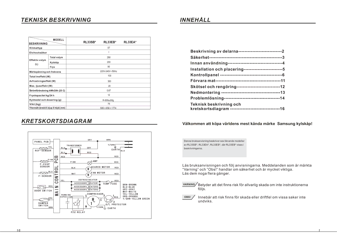 Samsung RL36EBSW1/XEE, RL33SBSW1/XEG, RL33SBMS1/XEG, RL36EBMS1/XEE, RL33SBMS1/XEE, RL33SBSW1/XEE manual Teknisk Beskrivning 