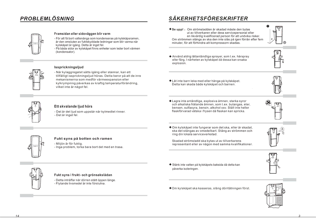 Samsung RL33SBMS1/XEE, RL33SBSW1/XEG, RL33SBMS1/XEG, RL36EBSW1/XEE, RL36EBMS1/XEE Säkerhetsföreskrifter, Issprickningsljud 