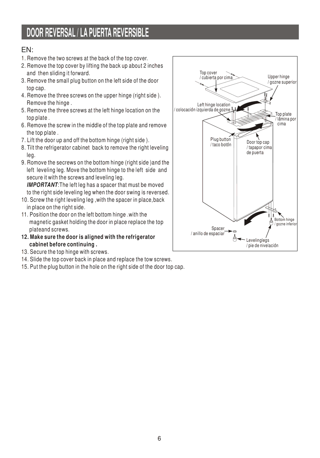 Samsung SG15DCGWHL/PEL, RL33SBSW1/XEG, SG15DCGWQL/SUT, SG15CCGWQN/HAJ, SG15DCGWHL/JUM Door Reversal / LA Puerta Reversible 