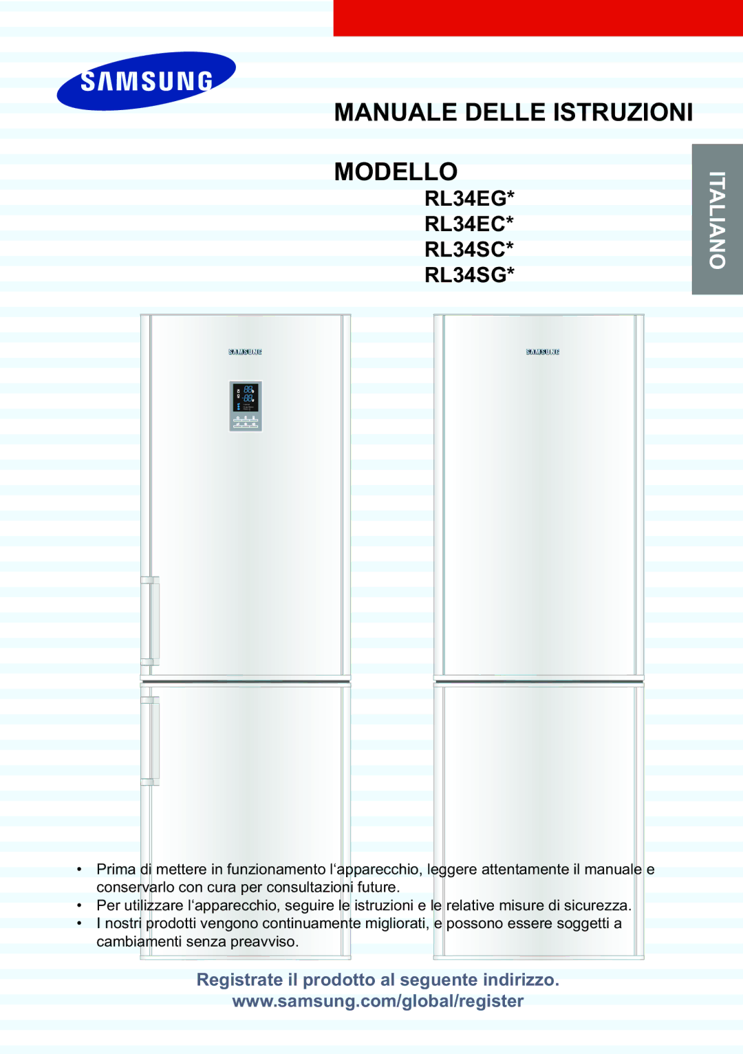 Samsung RL37HCSW2/XES, RL34ECPS2/XES, RL37HCPS2/XES manual Manuale Delle Istruzioni Modello 