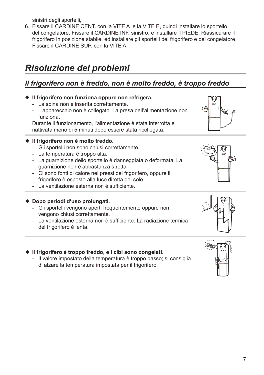 Samsung RL37HCPS2/XES manual Risoluzione dei problemi, Il frigorifero non è molto freddo, Dopo periodi d‘uso prolungati 