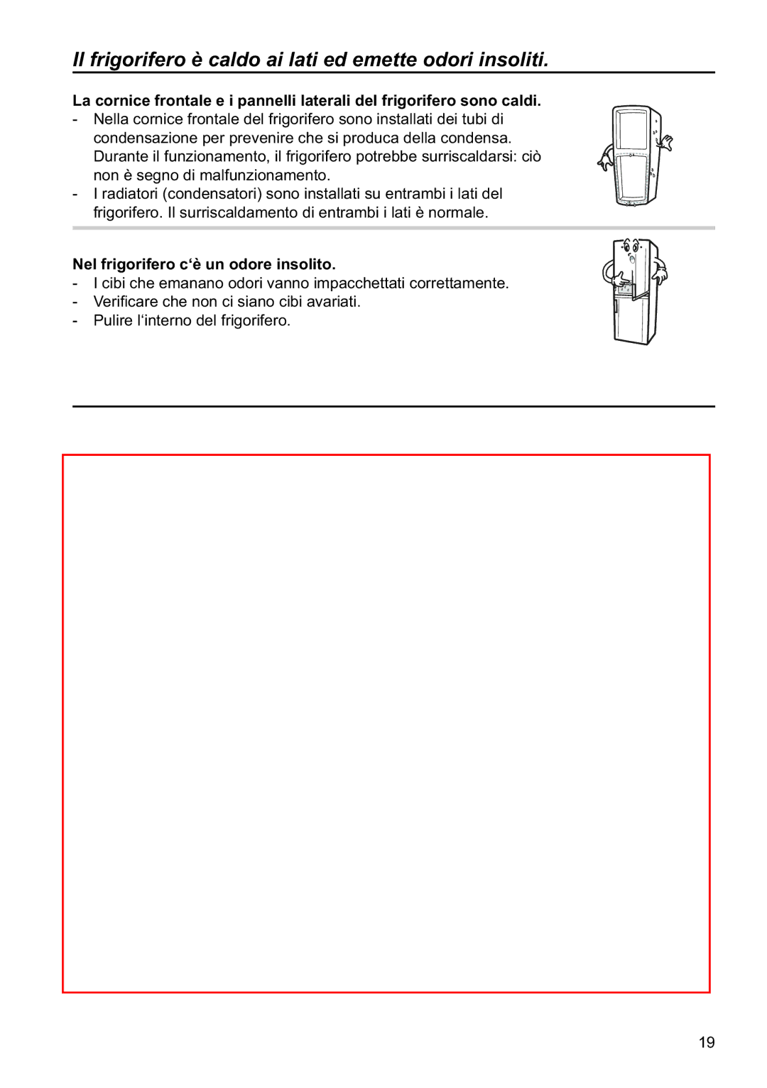 Samsung RL37HCSW2/XES manual Il frigorifero è caldo ai lati ed emette odori insoliti, Nel frigorifero c‘è un odore insolito 