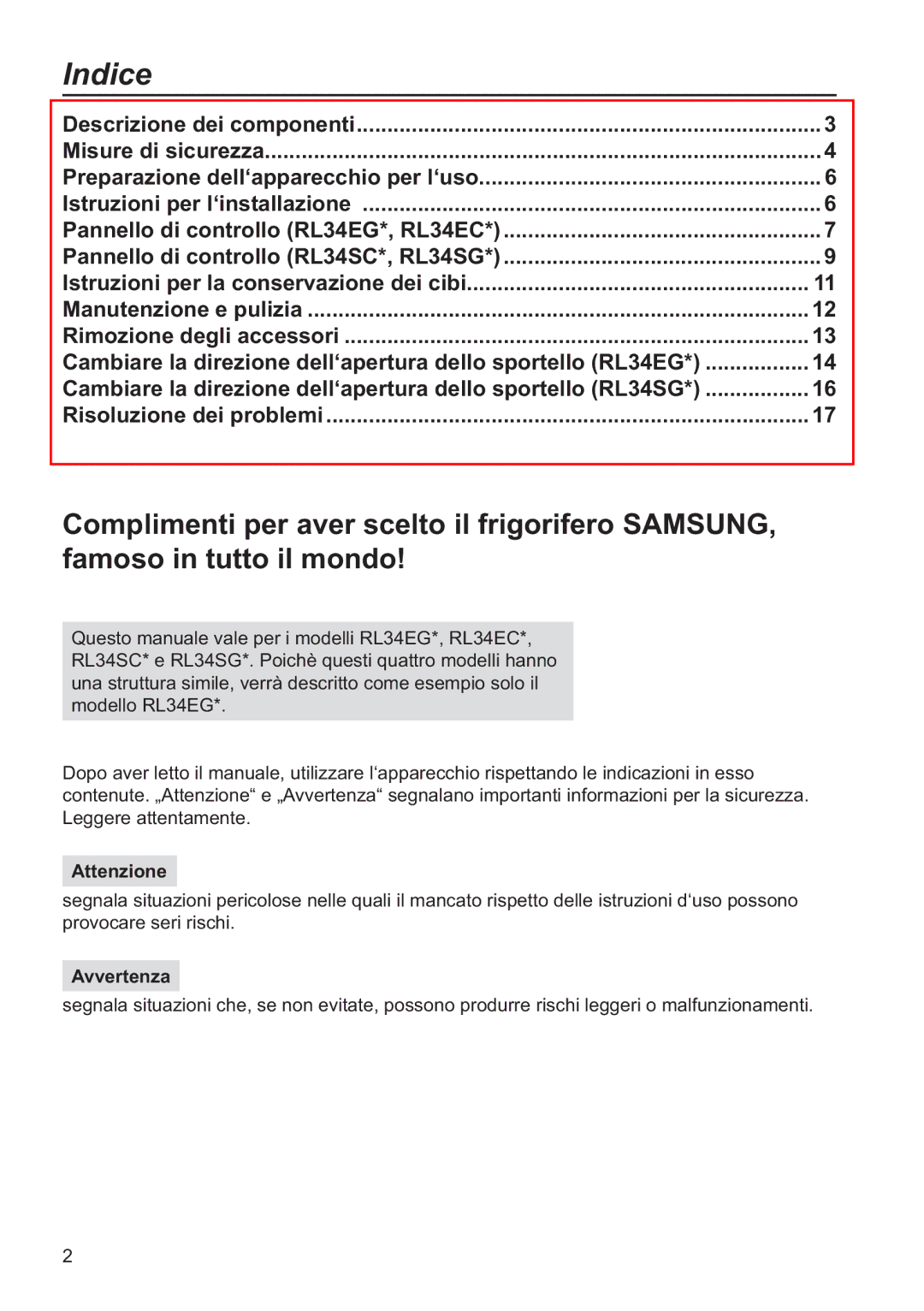 Samsung RL37HCPS2/XES, RL34ECPS2/XES, RL37HCSW2/XES manual Indice, Attenzione, Avvertenza 