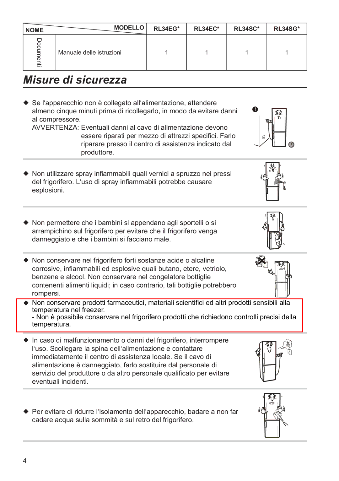 Samsung RL37HCSW2/XES, RL34ECPS2/XES, RL37HCPS2/XES manual Misure di sicurezza 