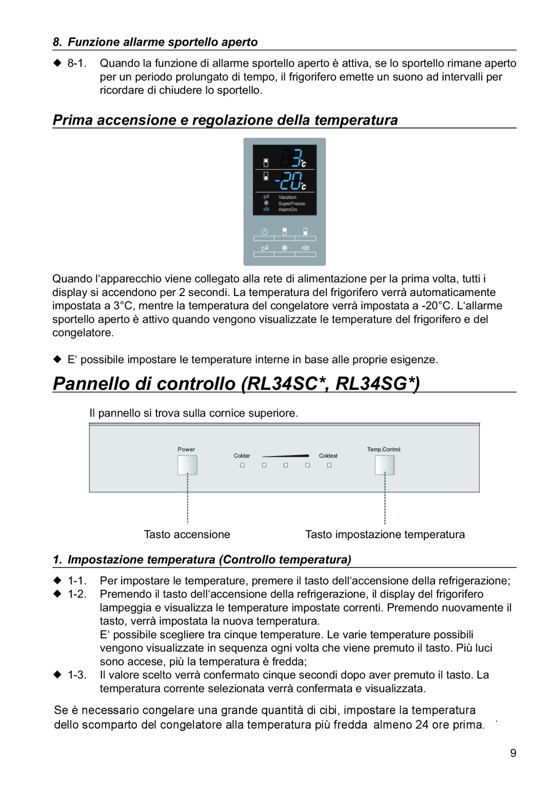 Samsung RL34ECPS2/XES manual Pannello di controllo RL34SC*, RL34SG, Prima accensione e regolazione della temperatura 